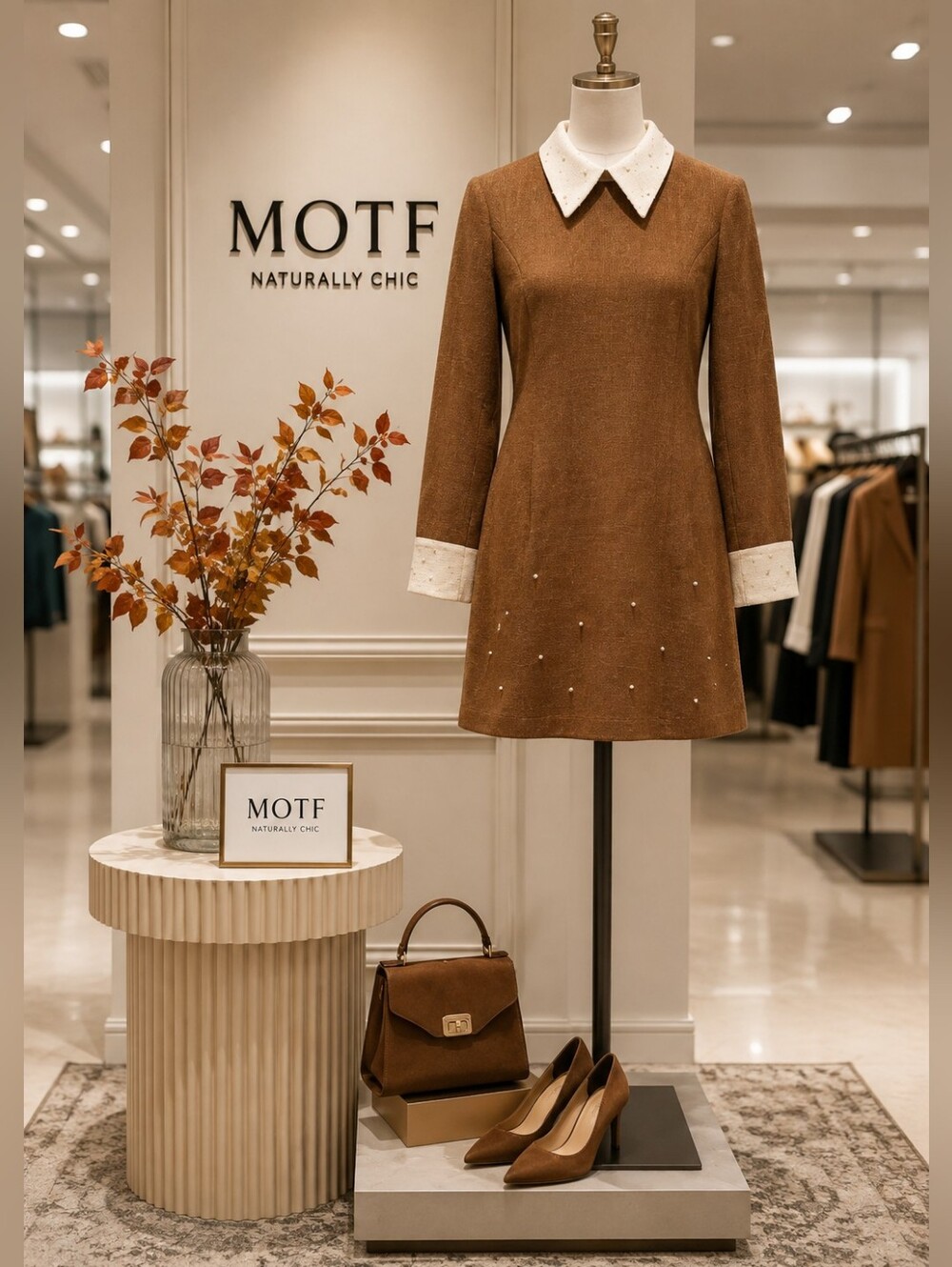 MOTF Women’s Brown Contrast Collar Embellished Dress – Size Large – NWT